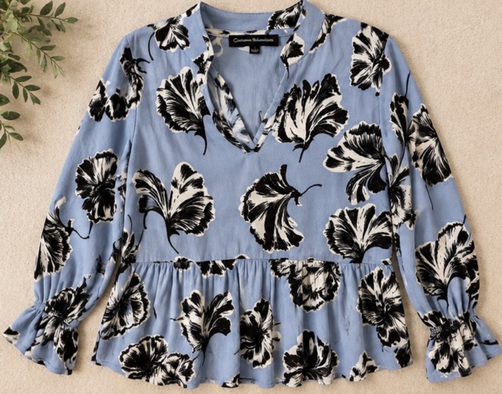Catherine Malandrino Women's Blue Floral Peplum Blouse Size L Ruffle Sleeve Top